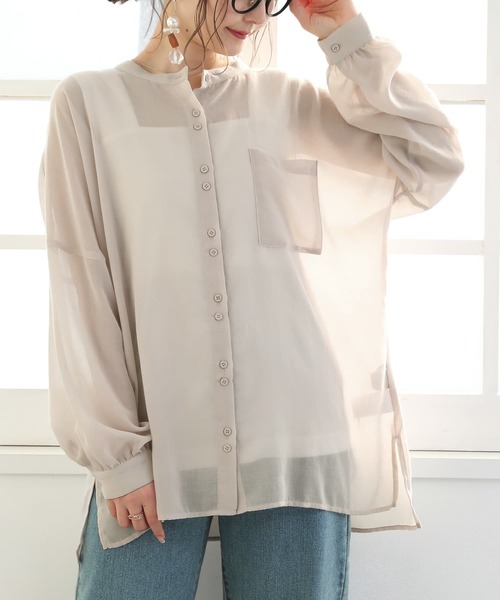 osharewalker（オシャレウォーカー）の「【廃盤】『バンドカラーボイルシアーシャツ』（シャツ/ブラウス・レディース・ブラック/カーキ/ライトベージュ・FREE）」の2枚目の写真