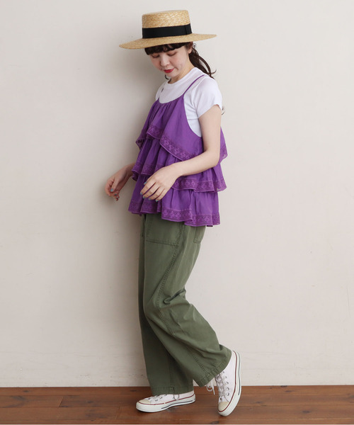 Dot＆Stripes CHILD WOMAN（ドットアンドストライプス　チャイルドウーマン）の「コットンボイル×マニーレース ティアードキャミブラウス（シャツ/ブラウス・レディース・パープル/アイボリー・FREE）」の7枚目の写真