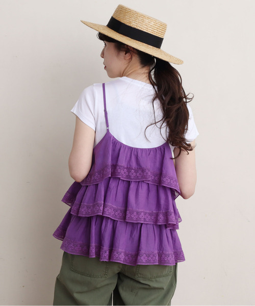 Dot＆Stripes CHILD WOMAN（ドットアンドストライプス　チャイルドウーマン）の「コットンボイル×マニーレース ティアードキャミブラウス（シャツ/ブラウス・レディース・パープル/アイボリー・FREE）」の4枚目の写真