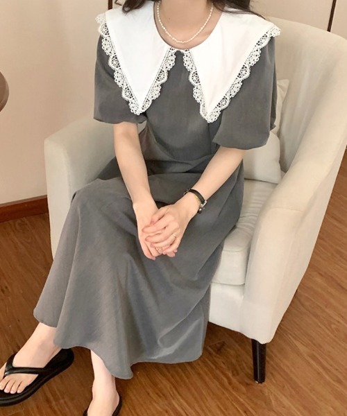 ABYS（アビス）の「ビックレースカラー半袖ワンピース（ワンピース・レディース・ブラック/グレー・FREE）」の2枚目の写真