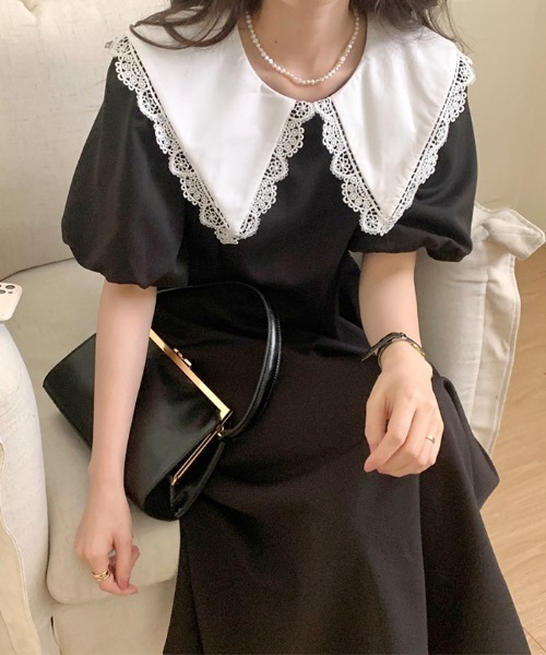 ABYS（アビス）の「ビックレースカラー半袖ワンピース（ワンピース・レディース・ブラック/グレー・FREE）」の6枚目の写真