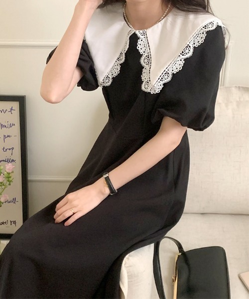 ABYS（アビス）の「ビックレースカラー半袖ワンピース（ワンピース・レディース・ブラック/グレー・FREE）」の7枚目の写真