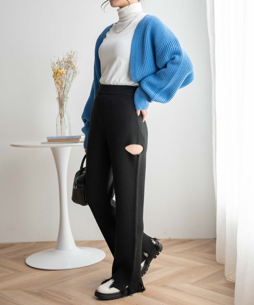 WEGO（ウィゴー）の「WEGO/ダメージニットパンツ（スウェットパンツ・レディース・ピンク/ブラック・FREE）」の4枚目の写真