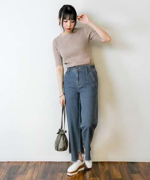 atONE(アットワン)の「atONE 5分袖コットンリブニットトップス(ニット/セーター・レディース・グレイッシュベージュ/ホワイト/ブラック・S/M/LL/L/3L)」の10枚目の写真