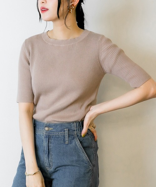 atONE(アットワン)の「atONE 5分袖コットンリブニットトップス(ニット/セーター・レディース・グレイッシュベージュ/ホワイト/ブラック・S/M/LL/L/3L)」の6枚目の写真