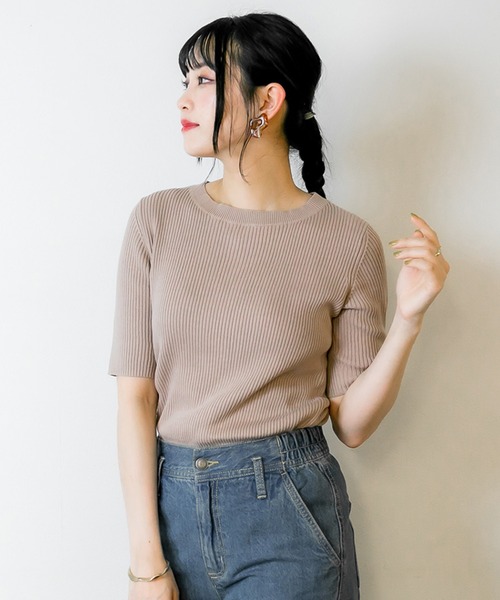 atONE(アットワン)の「atONE 5分袖コットンリブニットトップス(ニット/セーター・レディース・グレイッシュベージュ/ホワイト/ブラック・S/M/LL/L/3L)」の7枚目の写真