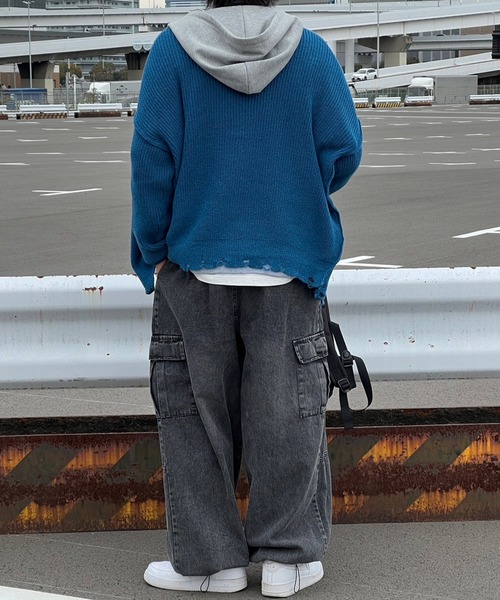 kutir（クティール）の「ビックシルエットダメージニットカーディガン（カーディガン/ボレロ・メンズ・ブルー/ブラック/チャコール/マスタード・MEDIUM/LARGE）」の5枚目の写真