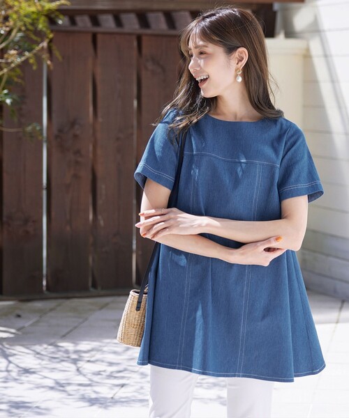 45R 試着のみ　デニム チュニック ブラウス　今年2月購入 セール】【洗える】デニムチュニックブラウス（シャツ/ブラウス