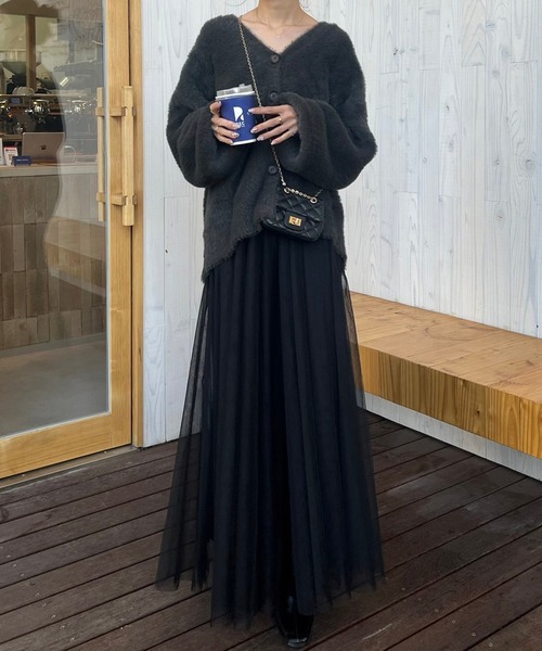 Bonjour Sagan（ボンジュールサガン）の「バックゴムボリュームチュールスカート（スカート・レディース・ブラック/ダークブラウン・FREE）」の3枚目の写真