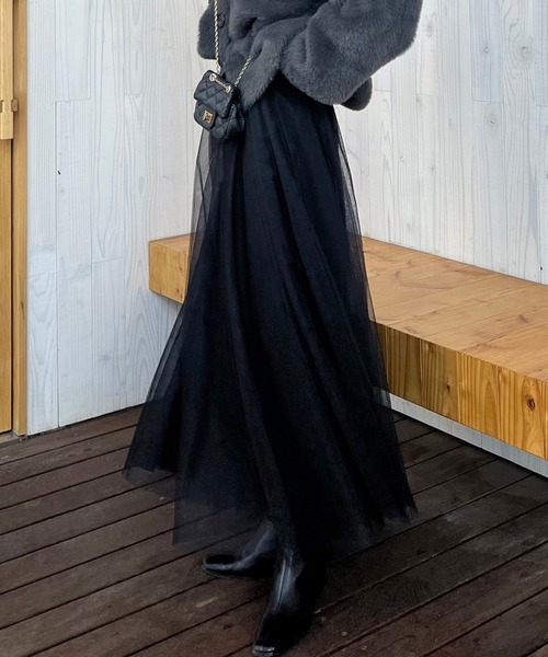 Bonjour Sagan（ボンジュールサガン）の「バックゴムボリュームチュールスカート（スカート・レディース・ブラック/ダークブラウン・FREE）」の4枚目の写真