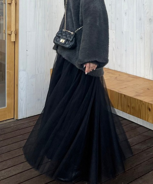 Bonjour Sagan（ボンジュールサガン）の「バックゴムボリュームチュールスカート（スカート・レディース・ブラック/ダークブラウン・FREE）」の6枚目の写真