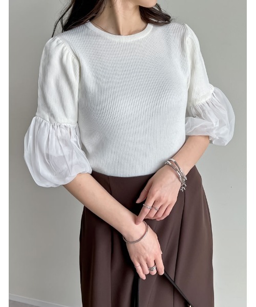 オケージョン セレモニー][涼感]異素材切り替えバルーンスリーブ七分袖