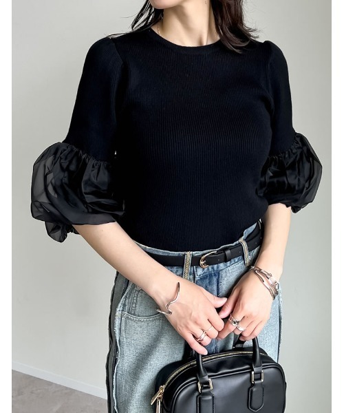 オケージョン セレモニー][涼感]異素材切り替えバルーンスリーブ七分袖