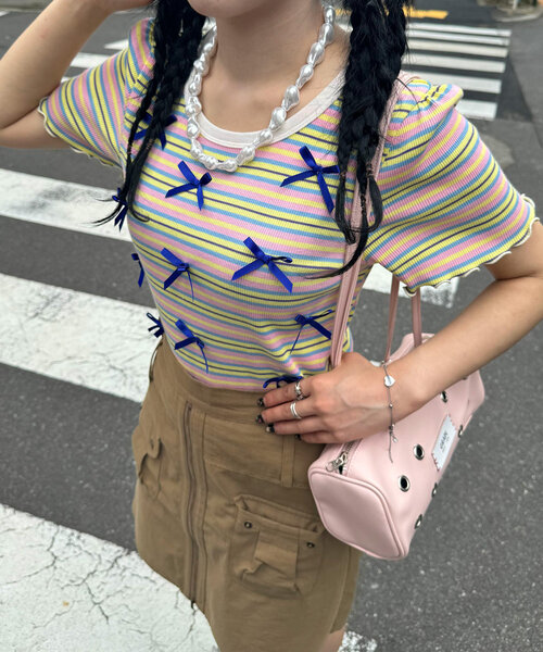 HELLO.SANFRANCISCO(ハローサンフランシスコ)の「【HELLO.SANFRANCISCO/ハローサンフランシスコ】マルチボーダーリボンTee(Tシャツ/カットソー・レディース・ホワイト/ピンク/イエロー・ONE SIZE)」の6枚目の写真