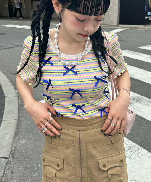 HELLO.SANFRANCISCO(ハローサンフランシスコ)の「【HELLO.SANFRANCISCO/ハローサンフランシスコ】マルチボーダーリボンTee(Tシャツ/カットソー・レディース・ホワイト/ピンク/イエロー・ONE SIZE)」の7枚目の写真