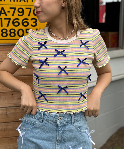 HELLO.SANFRANCISCO(ハローサンフランシスコ)の「【HELLO.SANFRANCISCO/ハローサンフランシスコ】マルチボーダーリボンTee(Tシャツ/カットソー・レディース・ホワイト/ピンク/イエロー・ONE SIZE)」の10枚目の写真