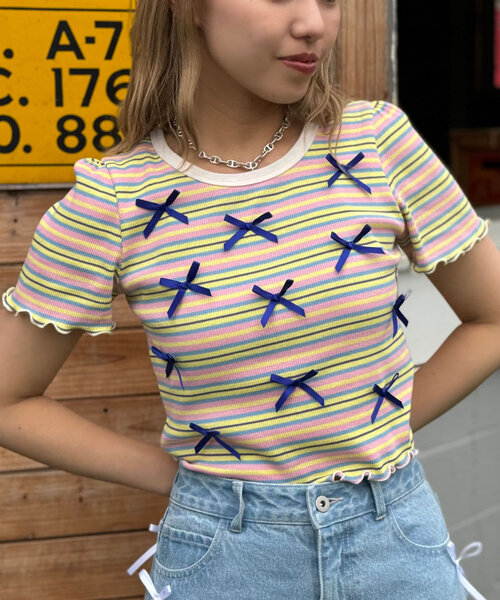 HELLO.SANFRANCISCO(ハローサンフランシスコ)の「【HELLO.SANFRANCISCO/ハローサンフランシスコ】マルチボーダーリボンTee(Tシャツ/カットソー・レディース・ホワイト/ピンク/イエロー・ONE SIZE)」の11枚目の写真