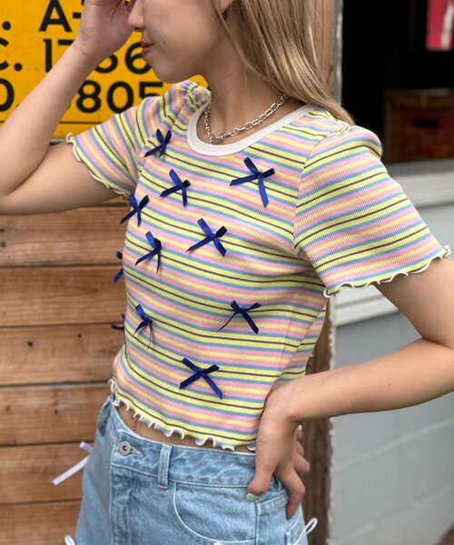 HELLO.SANFRANCISCO(ハローサンフランシスコ)の「【HELLO.SANFRANCISCO/ハローサンフランシスコ】マルチボーダーリボンTee(Tシャツ/カットソー・レディース・ホワイト/ピンク/イエロー・ONE SIZE)」の12枚目の写真