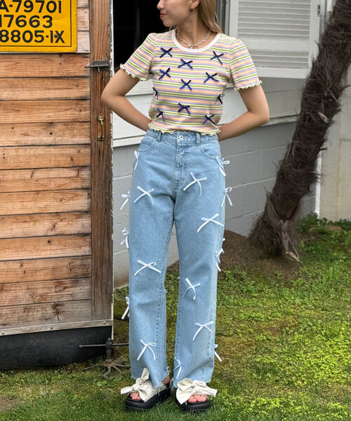 HELLO.SANFRANCISCO(ハローサンフランシスコ)の「【HELLO.SANFRANCISCO/ハローサンフランシスコ】マルチボーダーリボンTee(Tシャツ/カットソー・レディース・ホワイト/ピンク/イエロー・ONE SIZE)」の14枚目の写真