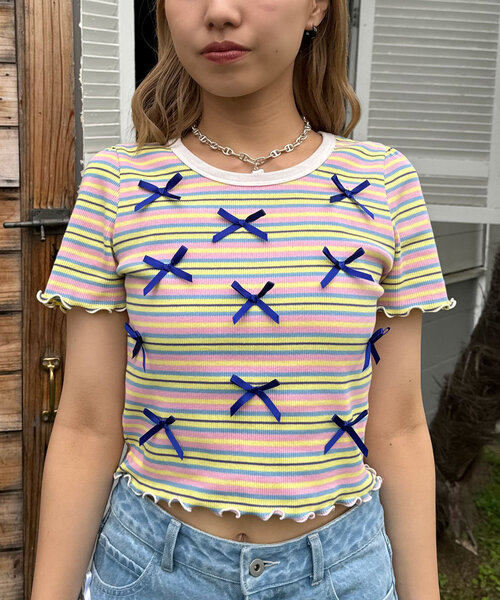 HELLO.SANFRANCISCO(ハローサンフランシスコ)の「【HELLO.SANFRANCISCO/ハローサンフランシスコ】マルチボーダーリボンTee(Tシャツ/カットソー・レディース・ホワイト/ピンク/イエロー・ONE SIZE)」の17枚目の写真