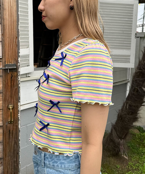 HELLO.SANFRANCISCO(ハローサンフランシスコ)の「【HELLO.SANFRANCISCO/ハローサンフランシスコ】マルチボーダーリボンTee(Tシャツ/カットソー・レディース・ホワイト/ピンク/イエロー・ONE SIZE)」の18枚目の写真