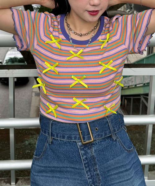 HELLO.SANFRANCISCO(ハローサンフランシスコ)の「【HELLO.SANFRANCISCO/ハローサンフランシスコ】マルチボーダーリボンTee(Tシャツ/カットソー・レディース・ホワイト/ピンク/イエロー・ONE SIZE)」の3枚目の写真