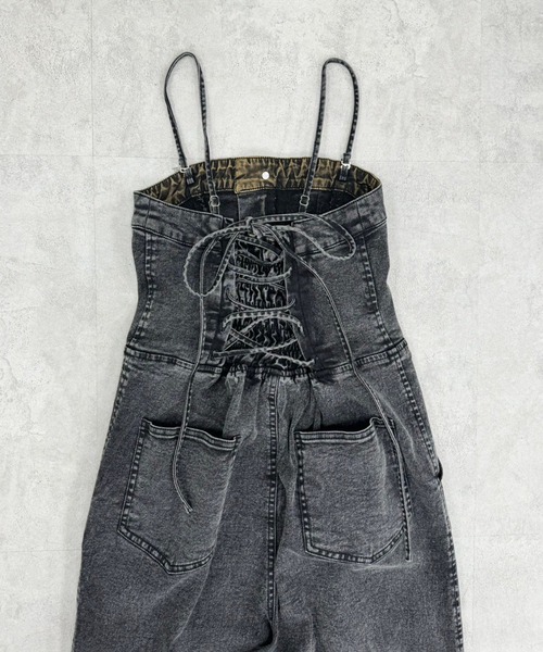 one after another NICE CLAUP（ワンアフターアナザーナイスクラップ）の「【OTONA NICE】バックレースアップストレッチデニムサロペット/SMサイズ展開（サロペット/オーバーオール・レディース・ブルー/ブラック・MEDIUM/SMALL）」の14枚目の写真