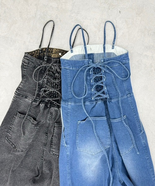 one after another NICE CLAUP（ワンアフターアナザーナイスクラップ）の「【OTONA NICE】バックレースアップストレッチデニムサロペット/SMサイズ展開（サロペット/オーバーオール・レディース・ブルー/ブラック・MEDIUM/SMALL）」の16枚目の写真