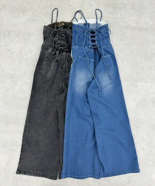 one after another NICE CLAUP（ワンアフターアナザーナイスクラップ）の「【OTONA NICE】バックレースアップストレッチデニムサロペット/SMサイズ展開（サロペット/オーバーオール・レディース・ブルー/ブラック・MEDIUM/SMALL）」の17枚目の写真