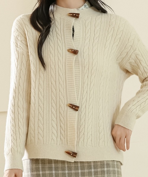 セール】ラウンドネック トグルボタン ケーブル ニット カーディガン