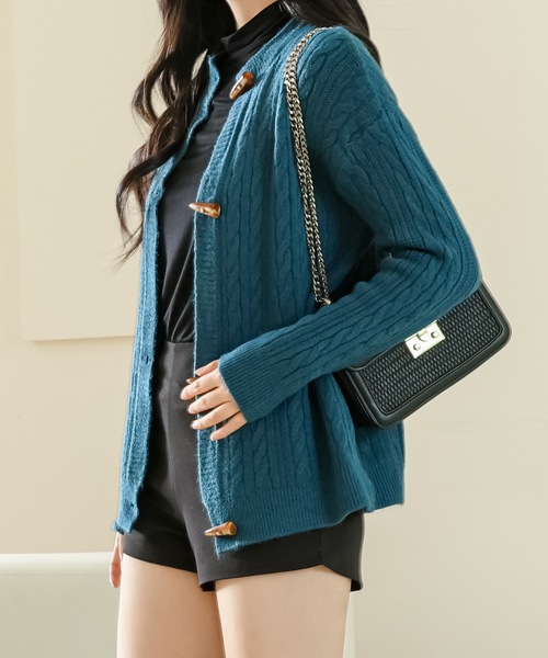 ラウンドネック トグルボタン ケーブル ニット カーディガン