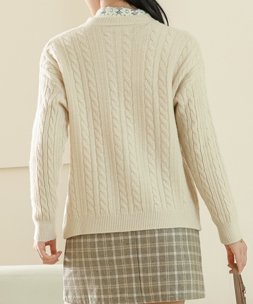 ラウンドネック トグルボタン ケーブル ニット カーディガン