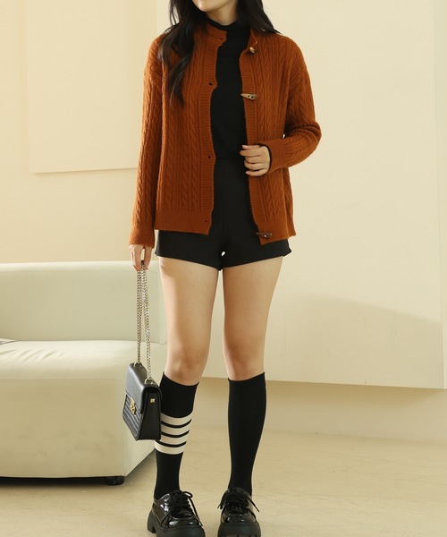 ラウンドネック トグルボタン ケーブル ニット カーディガン