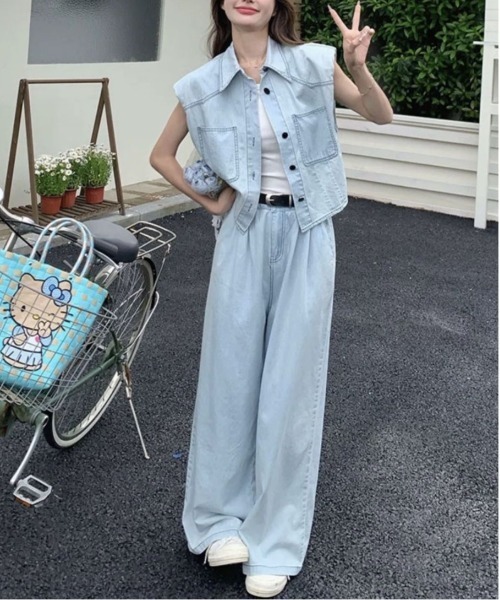 gossip!ロサンゼルス(ゴシップロサンゼルス)の「【セットアップ】デニムベスト+ワイドパンツ(セットアップ・レディース・ブルー/ダークブルー・S/M/XL/L)」の16枚目の写真