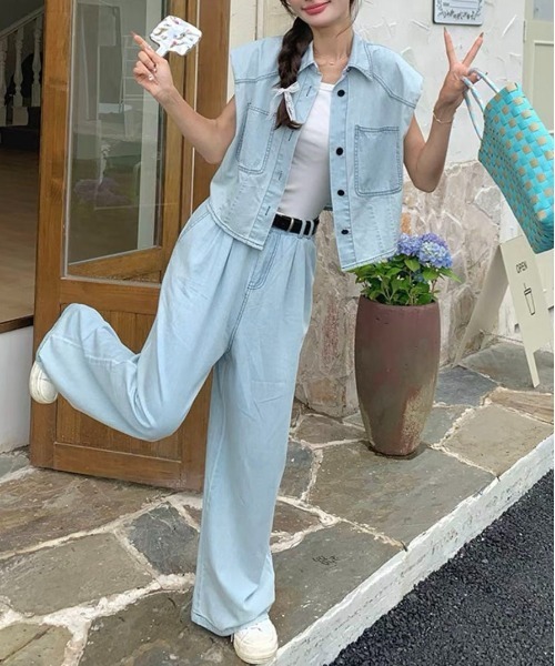 gossip!ロサンゼルス(ゴシップロサンゼルス)の「【セットアップ】デニムベスト+ワイドパンツ(セットアップ・レディース・ブルー/ダークブルー・S/M/XL/L)」の11枚目の写真
