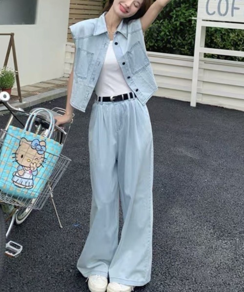 gossip!ロサンゼルス(ゴシップロサンゼルス)の「【セットアップ】デニムベスト+ワイドパンツ(セットアップ・レディース・ブルー/ダークブルー・S/M/XL/L)」の9枚目の写真