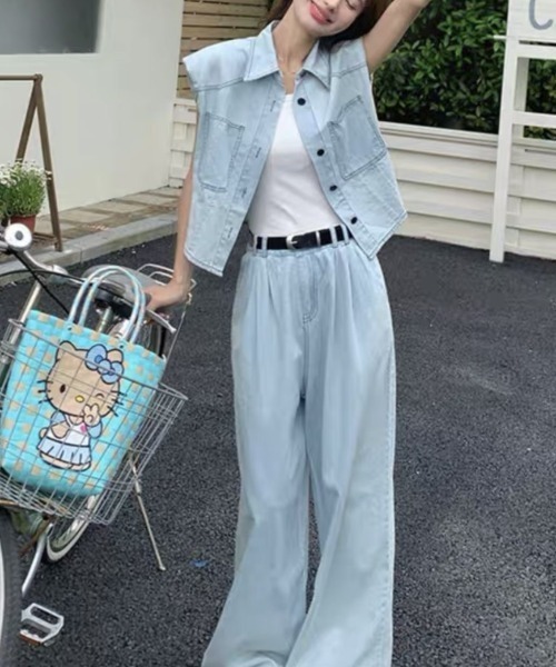 gossip!ロサンゼルス(ゴシップロサンゼルス)の「【セットアップ】デニムベスト+ワイドパンツ(セットアップ・レディース・ブルー/ダークブルー・S/M/XL/L)」の6枚目の写真
