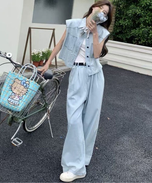 gossip!ロサンゼルス(ゴシップロサンゼルス)の「【セットアップ】デニムベスト+ワイドパンツ(セットアップ・レディース・ブルー/ダークブルー・S/M/XL/L)」の5枚目の写真