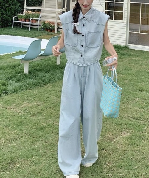 gossip!ロサンゼルス(ゴシップロサンゼルス)の「【セットアップ】デニムベスト+ワイドパンツ(セットアップ・レディース・ブルー/ダークブルー・S/M/XL/L)」の3枚目の写真