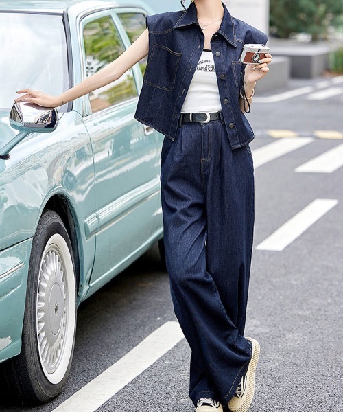 セール】【セットアップ】デニムベスト＋ワイドパンツ（セットアップ