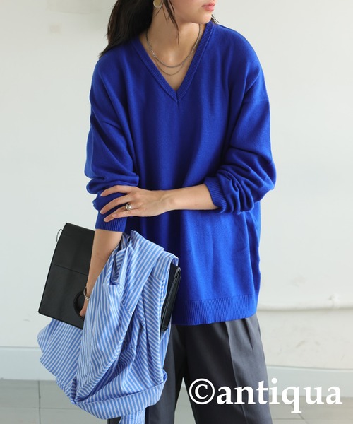 antiqua（アンティカ）の「Vネックニット（ニット/セーター・レディース・カーキ/レッド/ライム/ベージュ系その他/ホワイト/ブルー/杢グレー/ブラック・ONESIZE）」の7枚目の写真