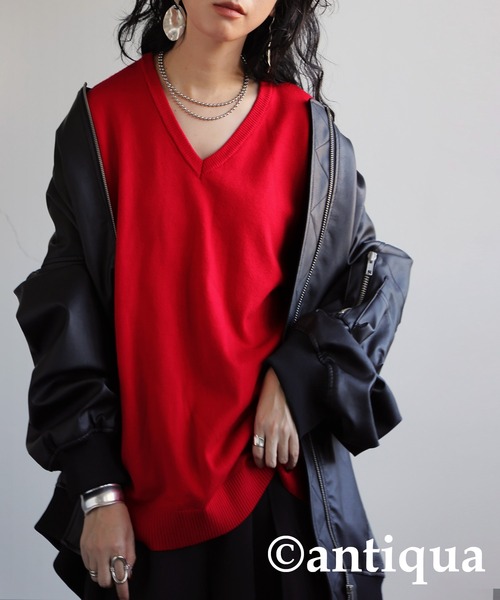 antiqua（アンティカ）の「Vネックニット（ニット/セーター・レディース・カーキ/レッド/ライム/ベージュ系その他/ホワイト/ブルー/杢グレー/ブラック・ONESIZE）」の12枚目の写真