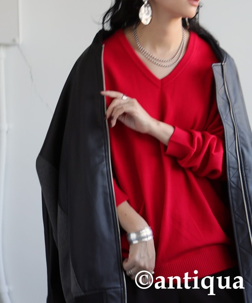antiqua（アンティカ）の「Vネックニット（ニット/セーター・レディース・カーキ/レッド/ライム/ベージュ系その他/ホワイト/ブルー/杢グレー/ブラック・ONESIZE）」の14枚目の写真