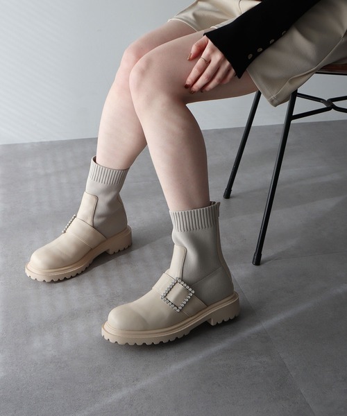 earth music&ecology（アースミュージックアンドエコロジー）の「ORiental TRaffic ビジューニットブーツ（ブーツ・レディース・ベージュ/ブラウン/ブラック・S/M/L/LL）」の3枚目の写真