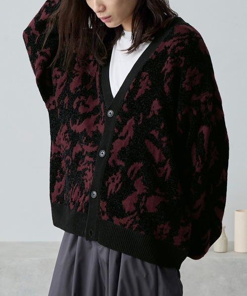 モールジャガードマルチパターンルーズニットカーディガン