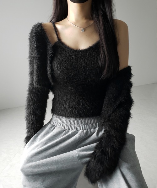 【 ２点セット 】トロミシャギーキャミソール ＋ ショートカーディガン SET ／ toromi shaggy camisole ＋ short cardigan SET（アンサンブル）｜me+em select（ミームセレクト）