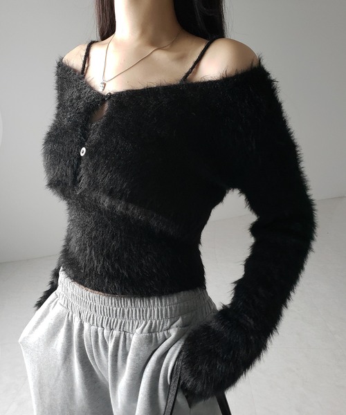 【 ２点セット 】トロミシャギーキャミソール ＋ ショートカーディガン SET ／ toromi shaggy camisole ＋ short cardigan SET（アンサンブル）｜me+em select（ミームセレクト）