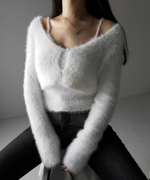 【 ２点セット 】トロミシャギーキャミソール ＋ ショートカーディガン SET ／ toromi shaggy camisole ＋ short cardigan SET（アンサンブル）｜me+em select（ミームセレクト）
