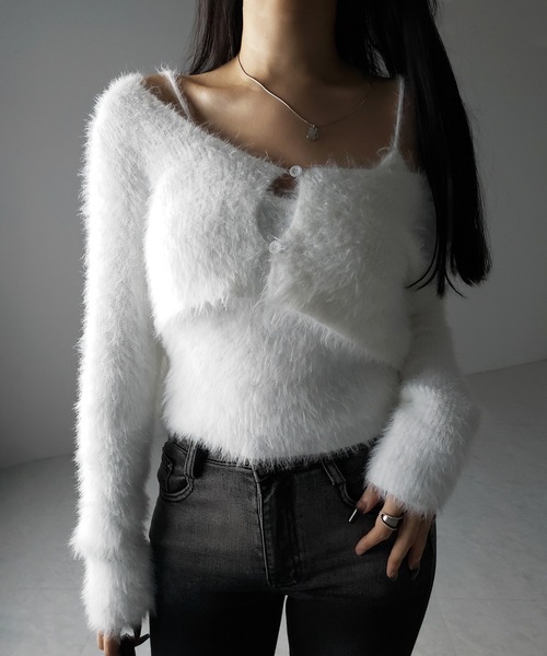 【 ２点セット 】トロミシャギーキャミソール ＋ ショートカーディガン SET ／ toromi shaggy camisole ＋ short cardigan SET（アンサンブル）｜me+em select（ミームセレクト）