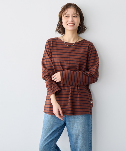 anyfee(エニフィー)の「【anyfee】ボーダートップス《大きいサイズ/プラスサイズ》(Tシャツ/カットソー・レディース・ダークブラウン/グリーン/ホワイト/ネイビー・LL/5L/3L/4L)」の1枚目の写真